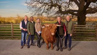 Jules Hudson, JB Gill, Helen Skelton and Rob and Dave Nicholson stand with cattle in Springtime on the Farm