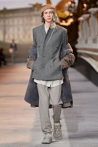 tailoring with slouchy trackpants in grey marl, chocolate and snowy white