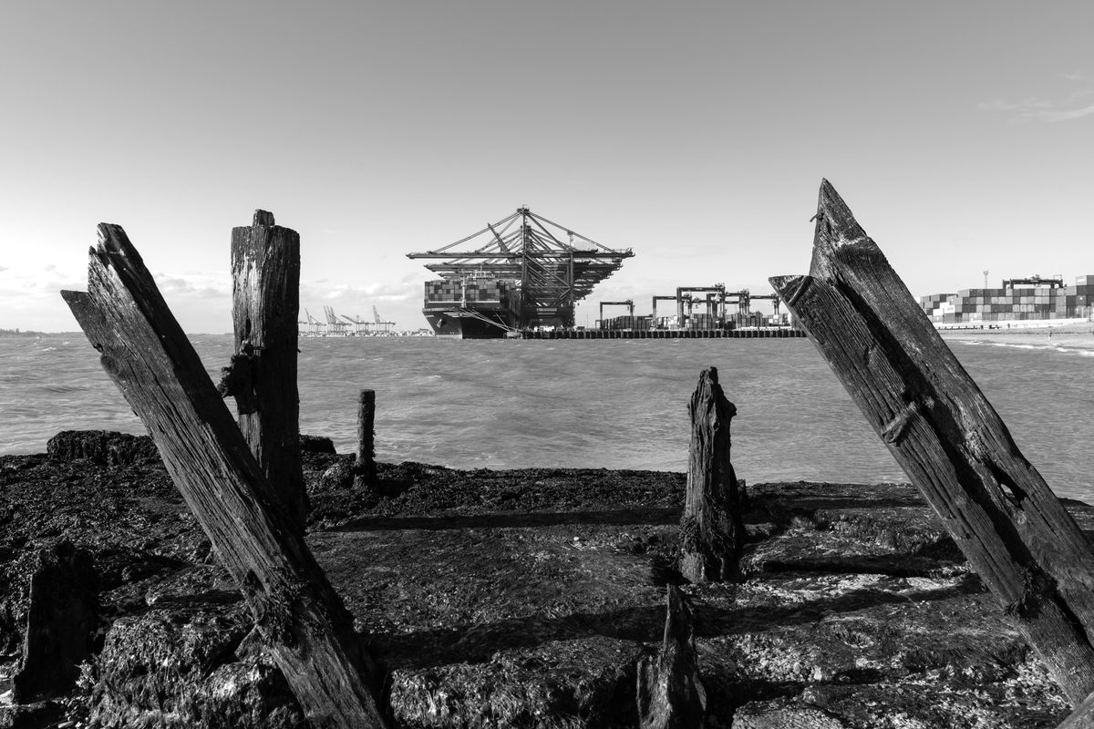 Black &amp; white photo of a container ship in dock taken with a Pentax K-3 Mark III Monochrome