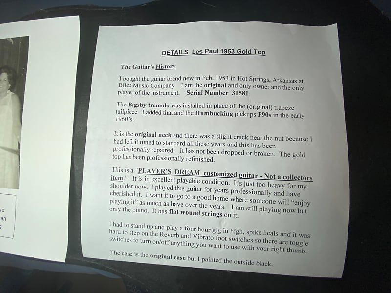 A document detailing the history of Linda Lee's 1953 Goldtop Gibson Les Paul