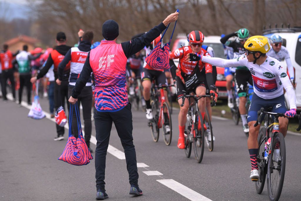 LA CTESAINTANDR FRANCE MARCH 12 Sergio Andres Higuita of Colombia and Team Ef Education First White Best Young Jersey Feed Zone Soigneur during the 78th Paris Nice 2020 Stage 5 a 227 km stage from Gannat to La CteSaintAndr on ParisNice parisnicecourse PN March 12 2020 in La Cote France Photo by Luc ClaessenGetty Images