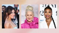 Collage of three images showing Eva Longoria, Helen Mirren and Gabrielle Union, against a pink and beige watercolour-style background