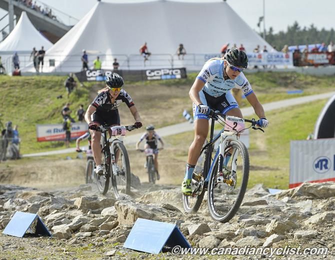 Kathrin Stirnemann (Sabine Spitz Haibike Pro Team) leading Andreanne Pichette (Opus/OGC)