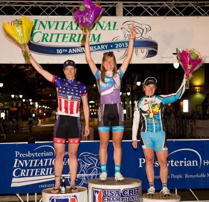 2013 Presbyterian Hospital Invitational Criterium women's podium (L-R): Theresa Cliff-Ryan, Lauren Stephens, Laura Van Gilder