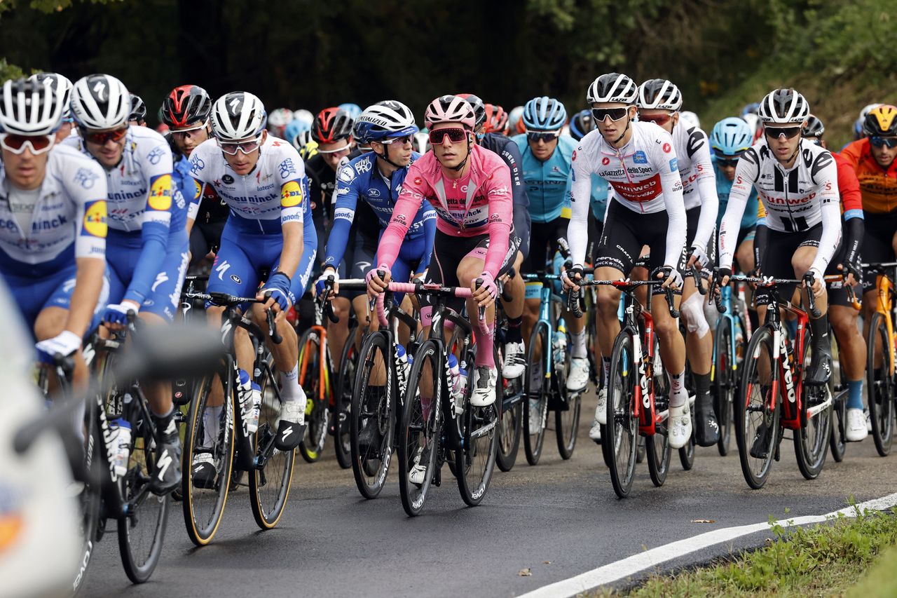 Joao Almeida in the maglia rosa during stage 12 at the Giro d'Italia