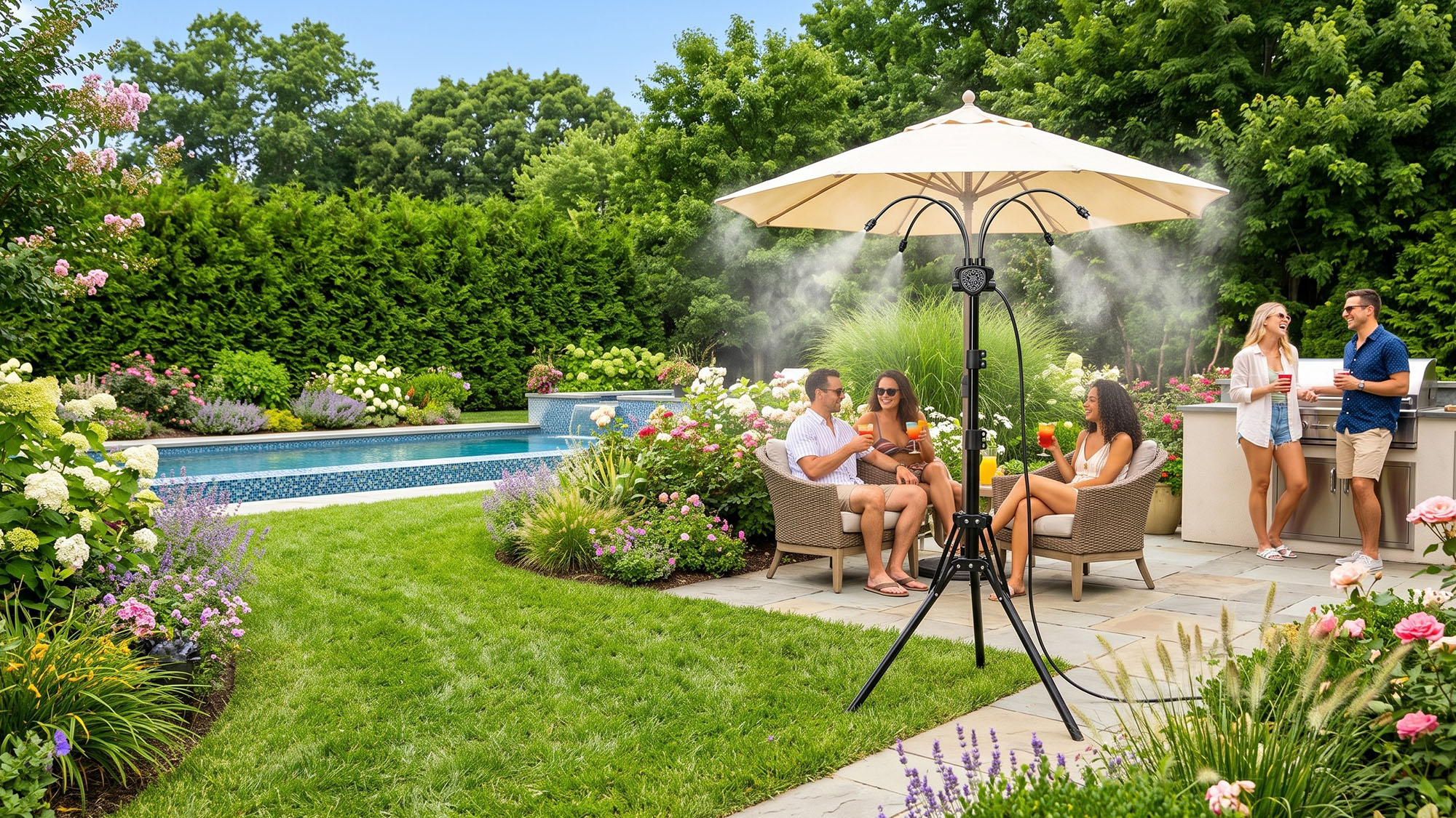 AI generated image of patio mister on a lush patio with swimming pool and people relaxing in the summer