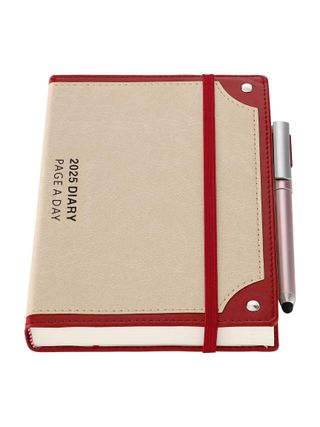 Mljtoyo Academic Diary 2024 2025 Page a Day in beige and red, with pen.