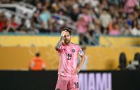 Inter Miami's Argentine forward #10 Lionel Messi gestures during the Club World Cup 2025 Group A football match between Egypt's Al-Ahly and US Inter Miami at the Hard Rock stadium in Miami on June 14, 2025.