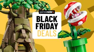 A Lego Great Deku Tree and Lego Piranha Plant on either side of a Black Friday deals badge, all against a yellow background