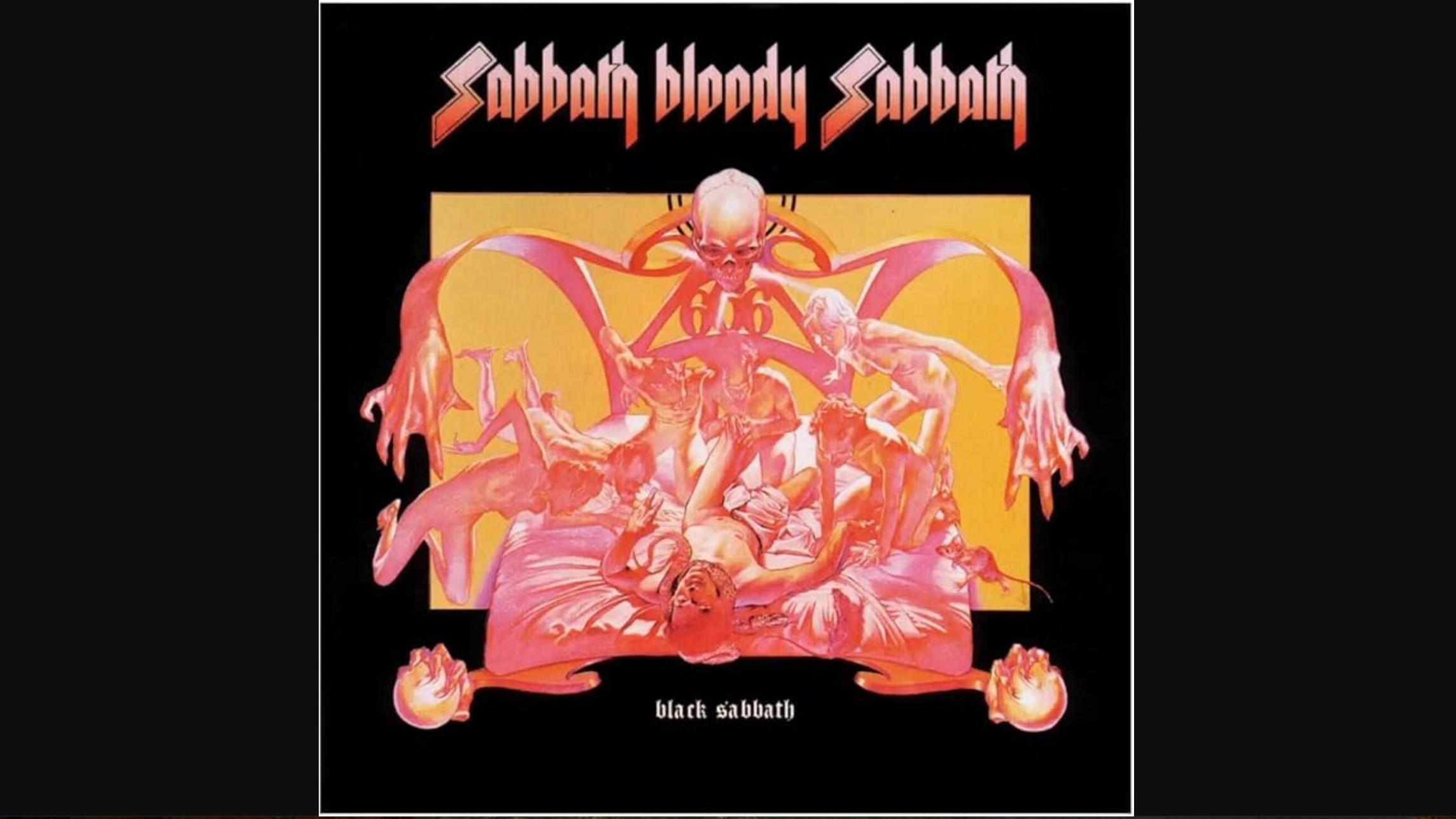 The album cover for Black Sabbath's "Sabbath Bloody Sabbath" depicts a highly stylized and somewhat disturbing scene in shades of red, pink, and orange against a black background. A skeletal or demonic figure with glowing eyes is at the top, its arms extending downwards into swirling ribbons that frame a pile of contorted, nude or partially clothed figures.
