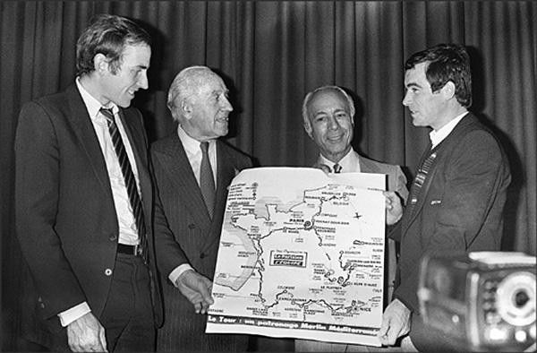 Joop Zoetemelk, Bernard Hinault, Jacques Goddet and Felix Levitan