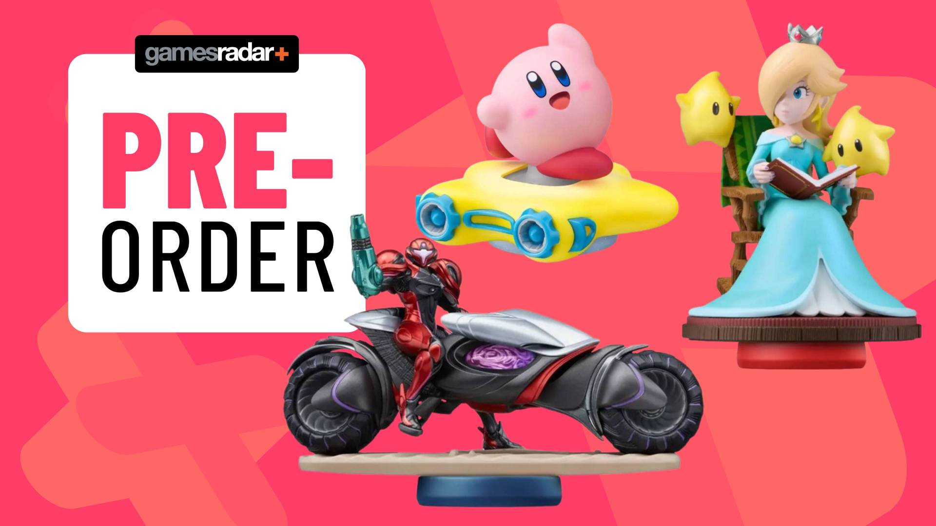 Image of a Metroid, Kirby and Princess Rosalina amiibo sitting on top of a pink GamesRadar+ background.