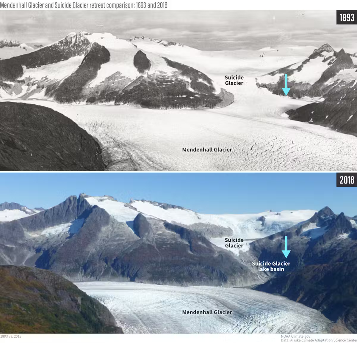 Two photos next to each other, showing the changes in snowpack in Suicide Basin, Alaska, with the top image full of snow and showing labeled areas with the bottom having less snow with the same labels