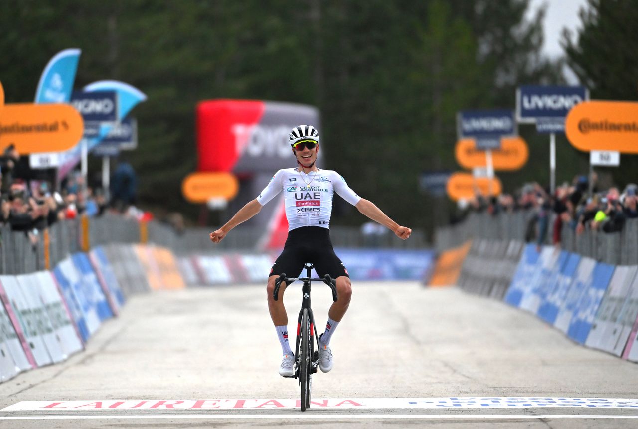 Juan Ayuso celebrates his solo victory at Frontignano 