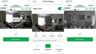 The Arlo app menu screen, and night-vision video