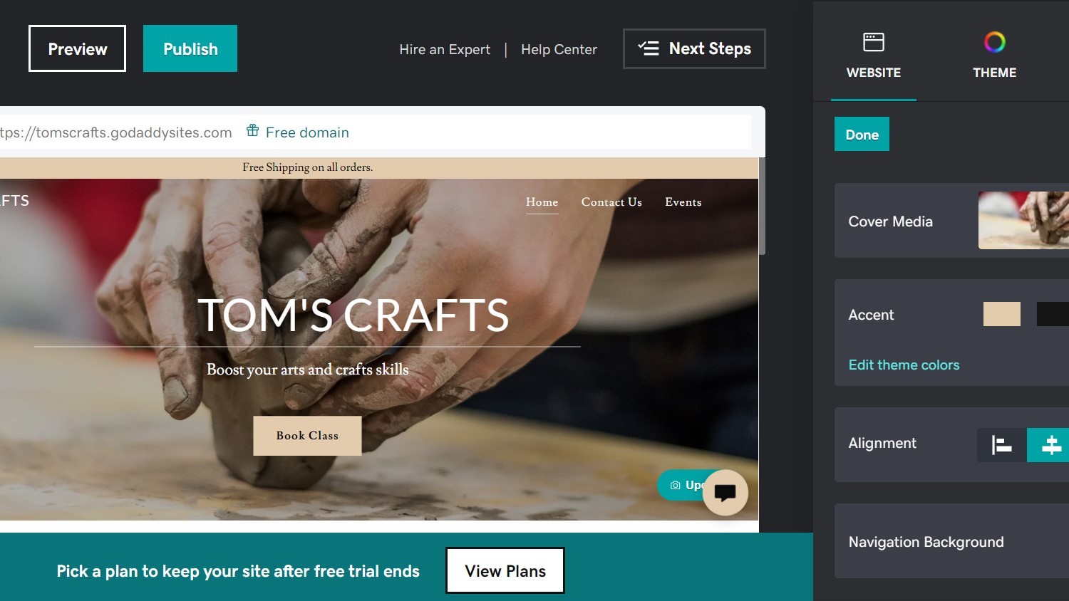 Building website for Tom's Crafts in GoDaddy interface
