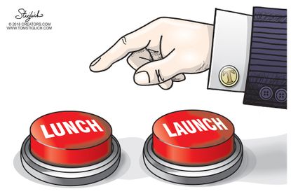 Political cartoon U.S. Trump North Korea nuclear weapons bigger button