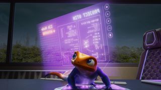 An orange animated lizard is looking up to the side while a purple screen is projected from underneath.