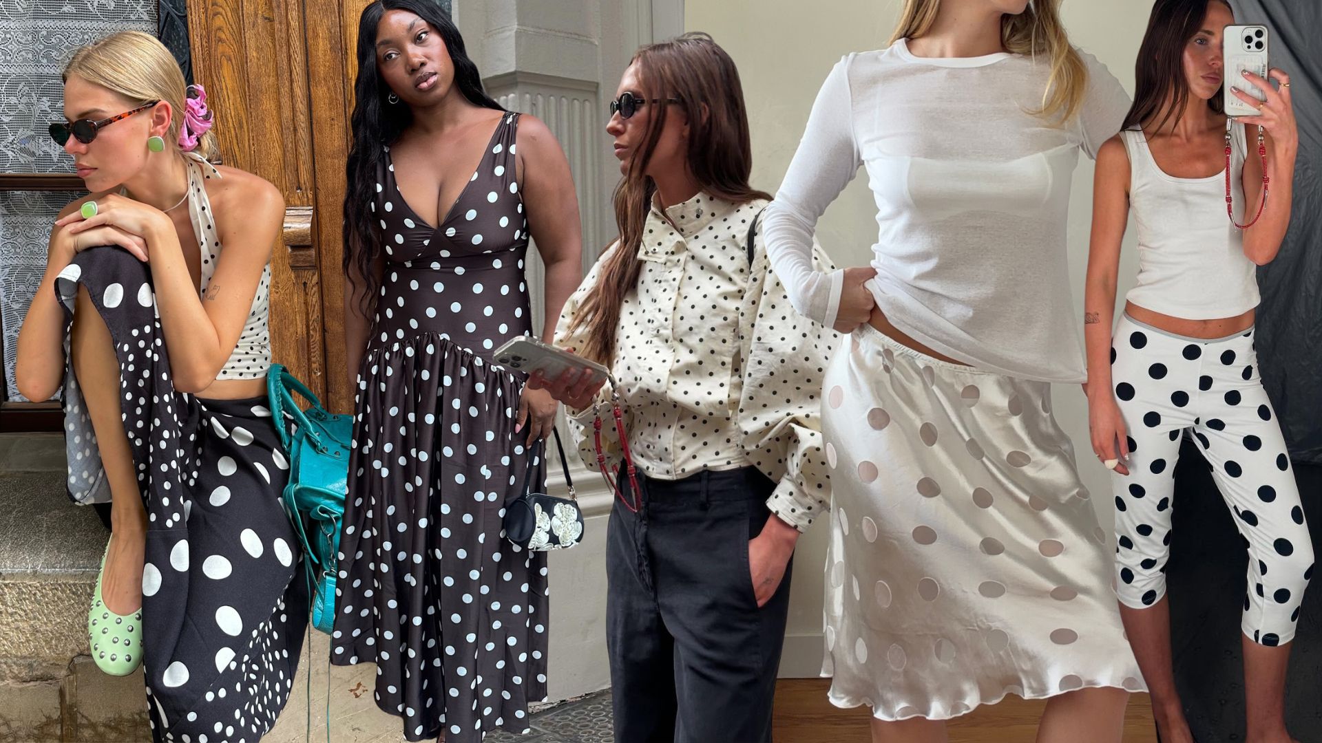 A collage of the chicest polka dot trends for summer 2026.