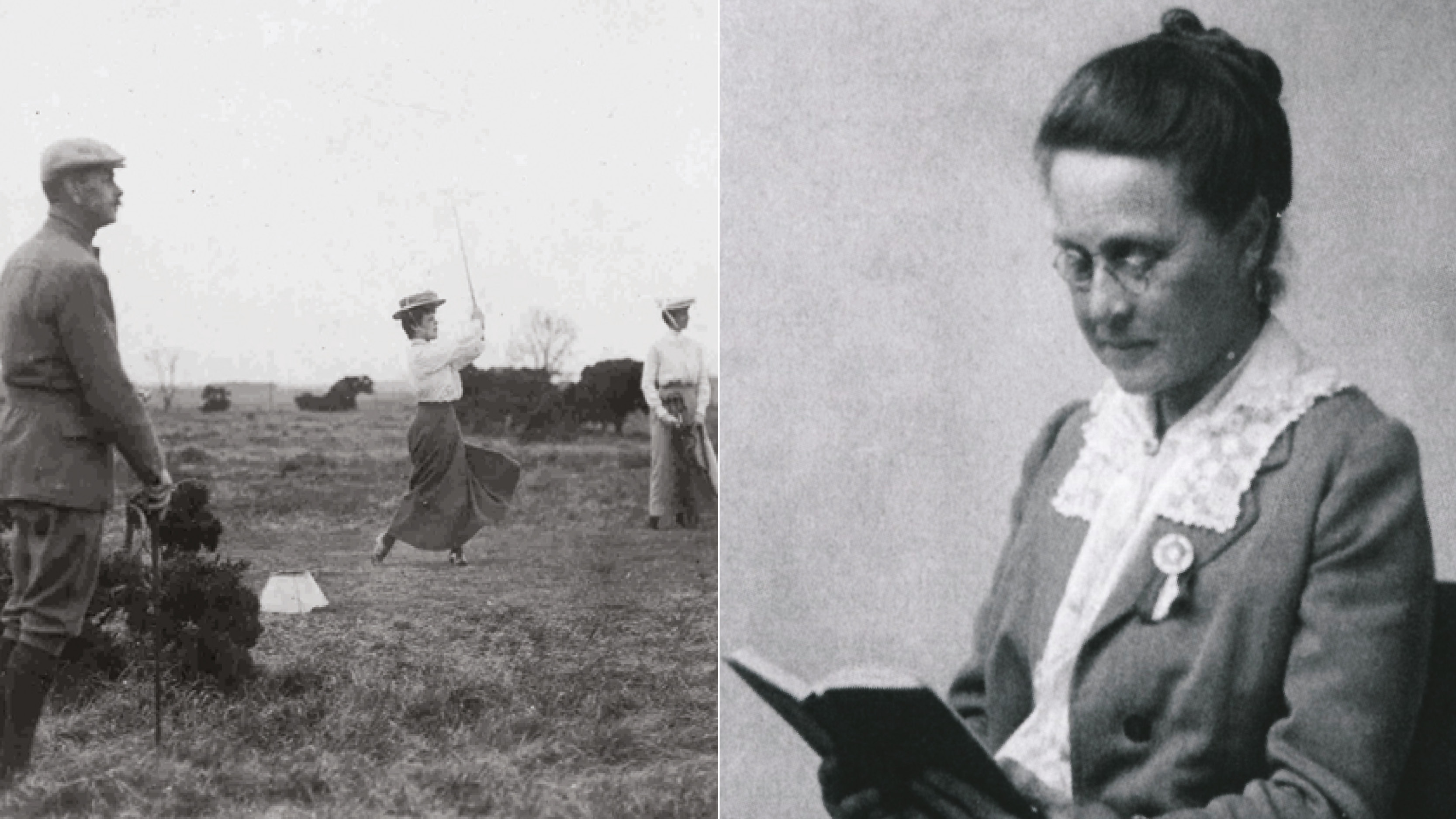 Mabel Potterton tees off the 4th hole and Millicent Fawcett