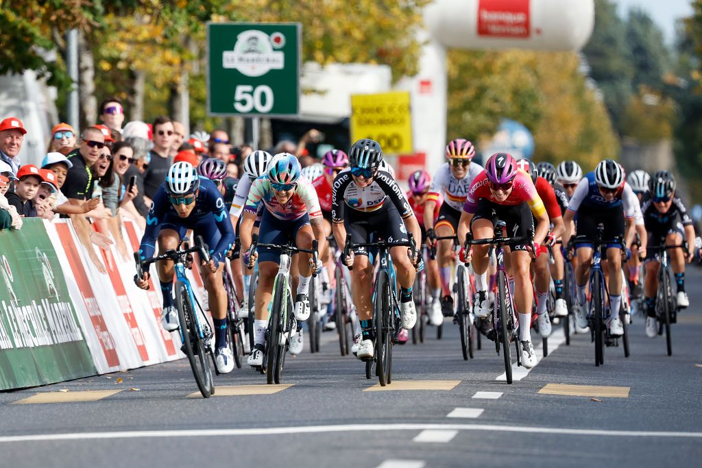 LAUSANNE SWITZERLAND OCTOBER 07 LR Arlenis Sierra Caadilla of Cuba and Movistar Team Women Soraya Paladin of Italy and Team CanyonSram Racing Liane Lippert of Germany and Team DSM Women and Demi Vollering of Netherlands and Team SD Worx sprint at finish line during the 1st Tour de Romandie Feminin 2022 Stage 1 a 1344km stage from Lausanne to Lausanne TDRwomen TDRF on October 07 2022 in Lausanne Switzerland Photo by Bas CzerwinskiGetty Images