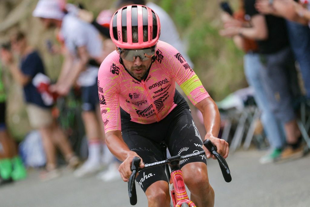 EF Education - EasyPost team&#039;s Irish rider Ben Healy cycles in a lone breakaway in the final ascent of Saint-Lary-Soulan Pla d&#039;Adet during the 14th stage of the 111th edition of the Tour de France cycling race, 151,9 km between Pau and Saint-Lary-Soulan Pla d&#039;Adet, in the Pyrenees mountains in southwestern France, on July 13, 2024. (Photo by Thomas SAMSON / AFP)