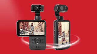 The AgfaPhoto Realimove MC3X on a red background with the screen tilted two ways