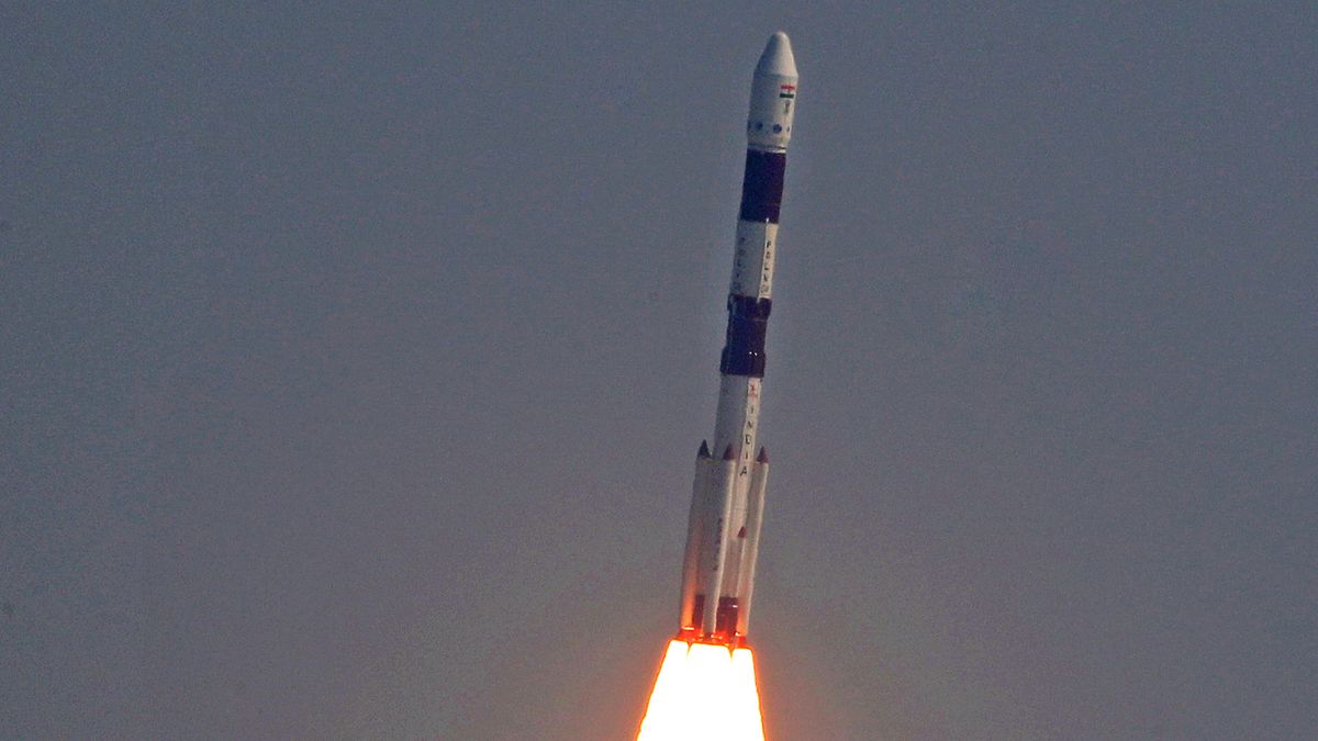 An Indian Space Research Center Polar Satellite Launch Vehicle launches the EMISAT satellite and 28 other payloads into orbit from the Satish Dhawan Space Center on April 1, 2019 (IST).