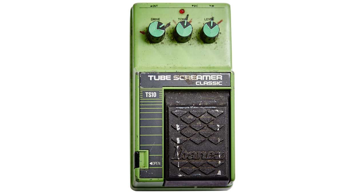 A well-loved Ibanez TS10 Tube Screamer Classic formerly owned by Gary Moore.