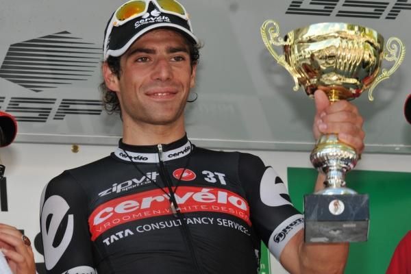 Davide Appollonio (Cervelo TestTeam) shows off his trophy earned in the Tour du Limousin's final stage.