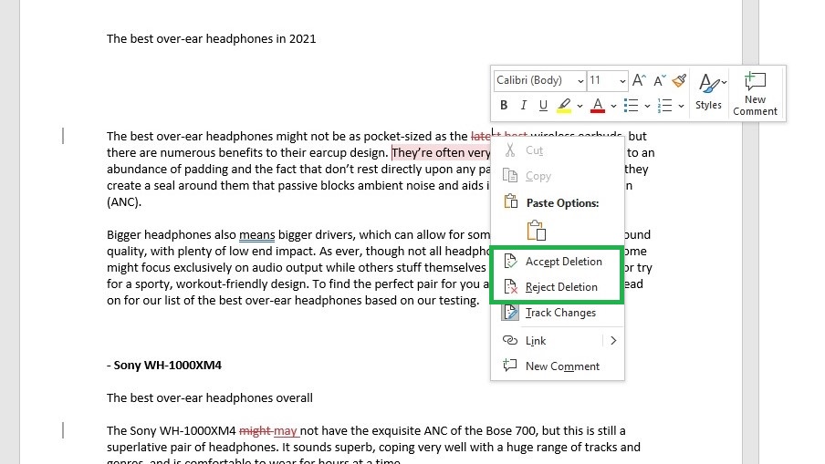 How to track changes in Word: Accept or reject changes step 2: Click Accept Changes or Reject Changes