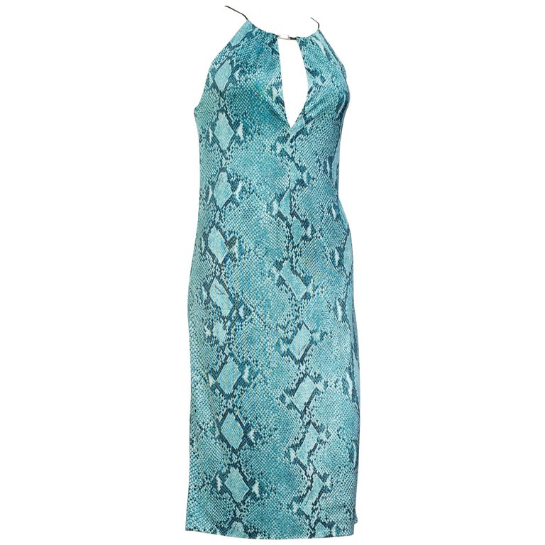 1990s Tom Ford Gucci Iconic Teal Jersey Snake Print Dress