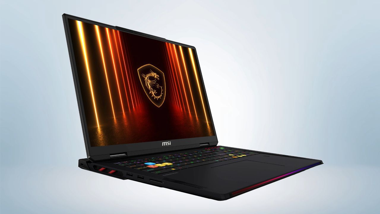 The MSI Raider 18 HX AI gaming laptop in front of a gray background