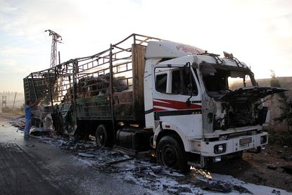 A destroyed aid truck.