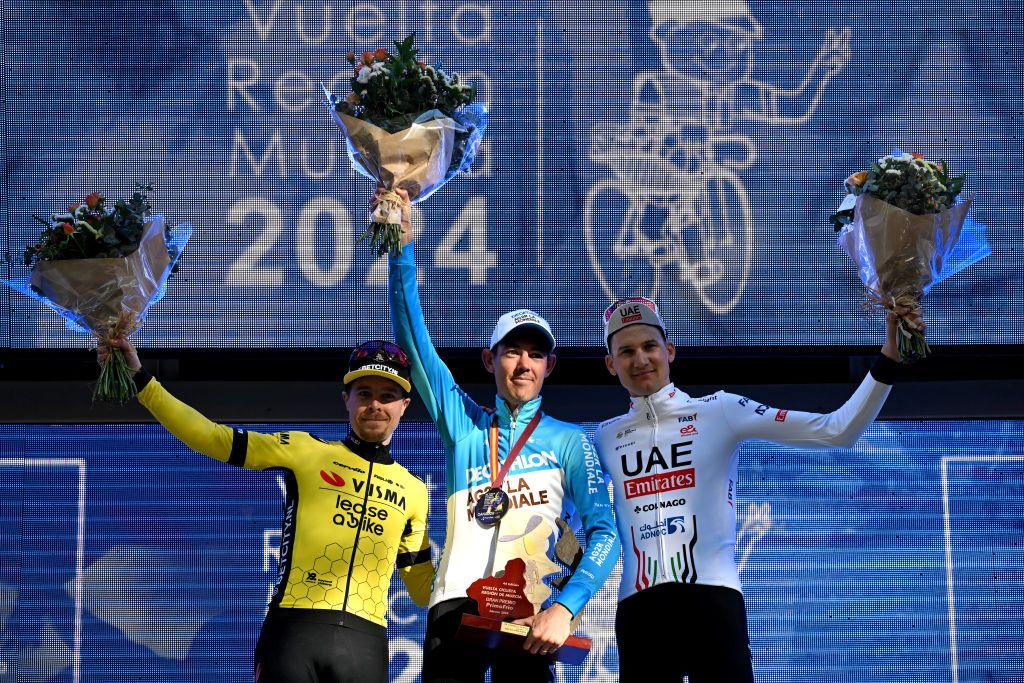 Vuelta a Murcia 2024 podium (l-r): second place Jan Tratnik (Visma-Lease a Bike), winner Ben O&rsquo;Connor (Decathlon AG2R La Mondiale) and third place Tim Wellens (UAE Team Emirates)