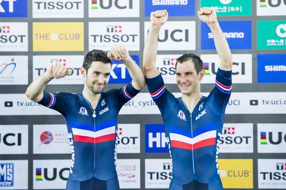 The jubilant French duo of Thomas and Kneisky after Madison gold