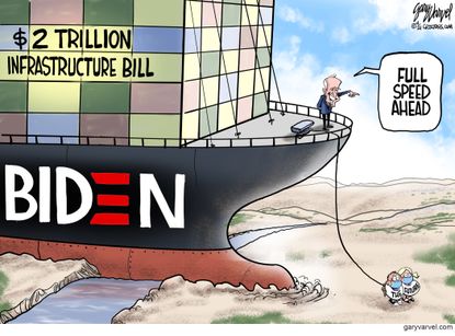 Political Cartoon U.S. biden infrastructure bill ever given ship stuck