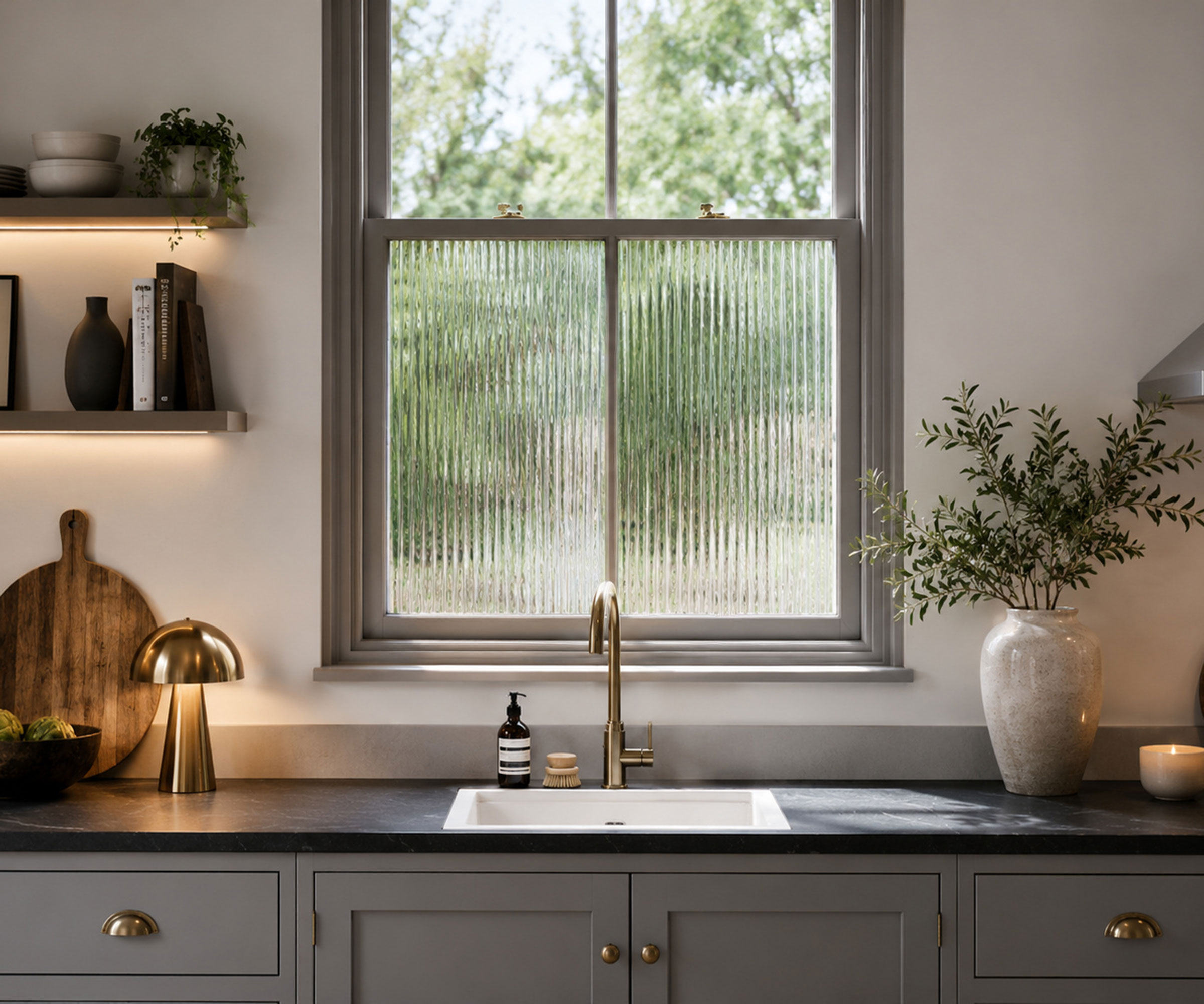 sash kitchen window with ribbed window film in grey kitchen