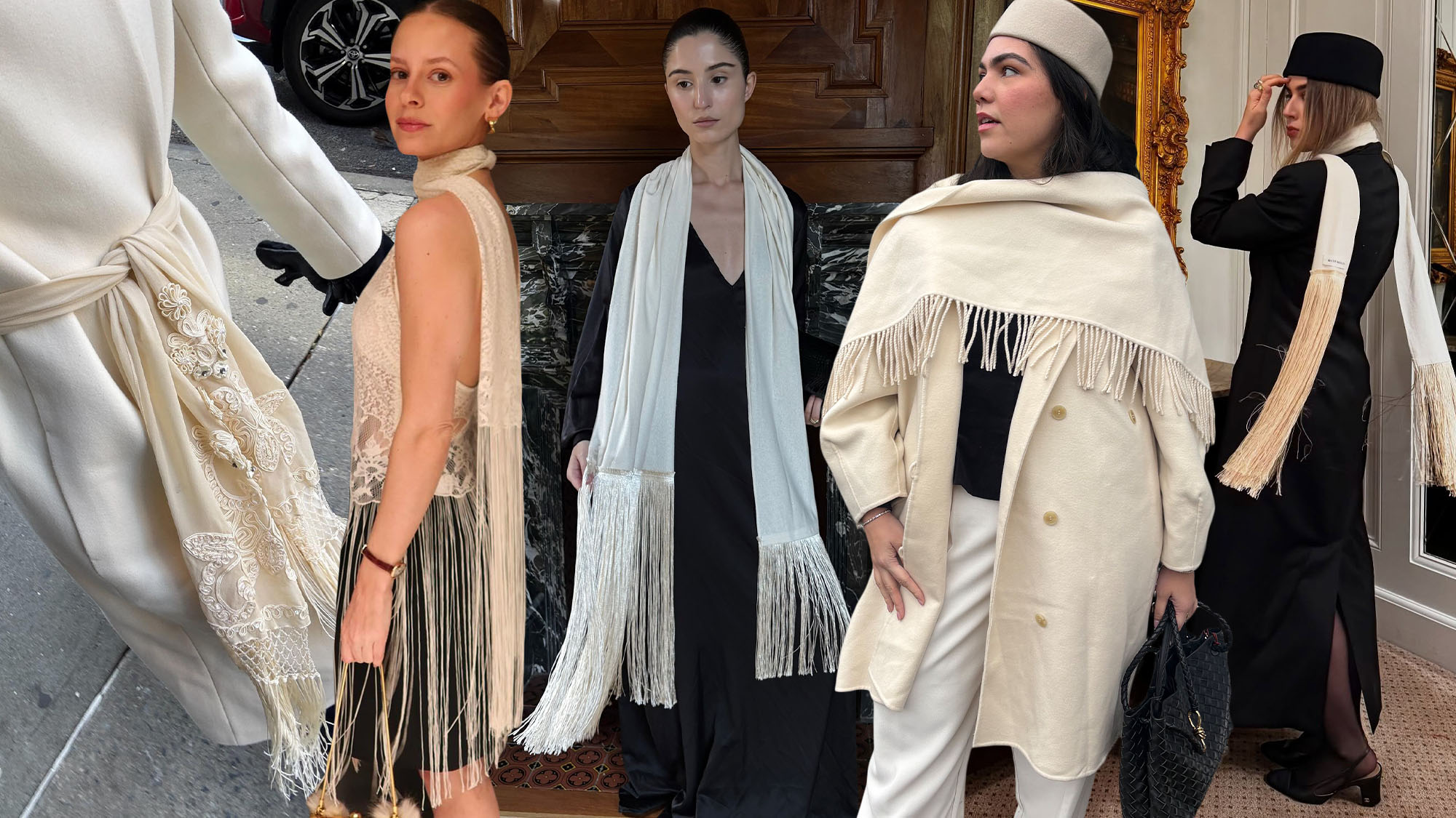 Photo collage of influencers and Who What Wear editors wearing fringe detail trend.