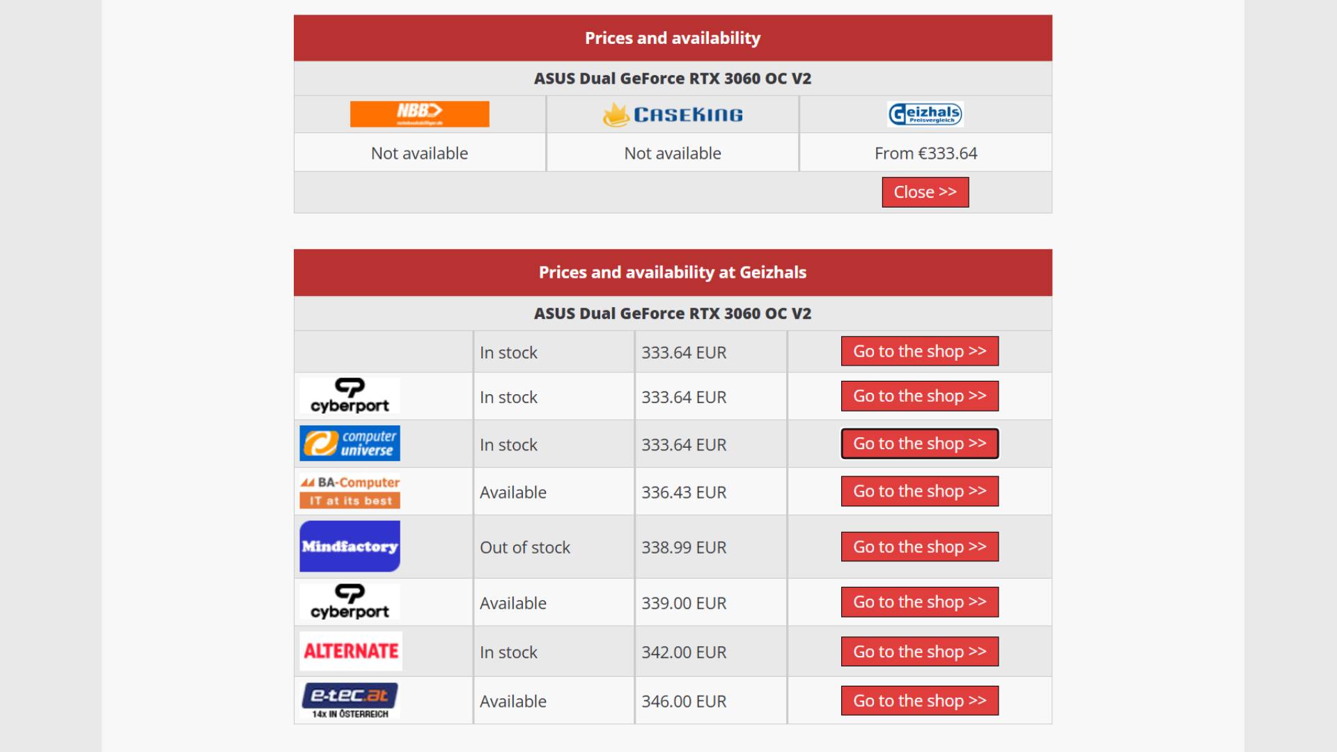 RTX 3060 price and retailer list by Hardwareluxx with red "go to the shop" buttons.