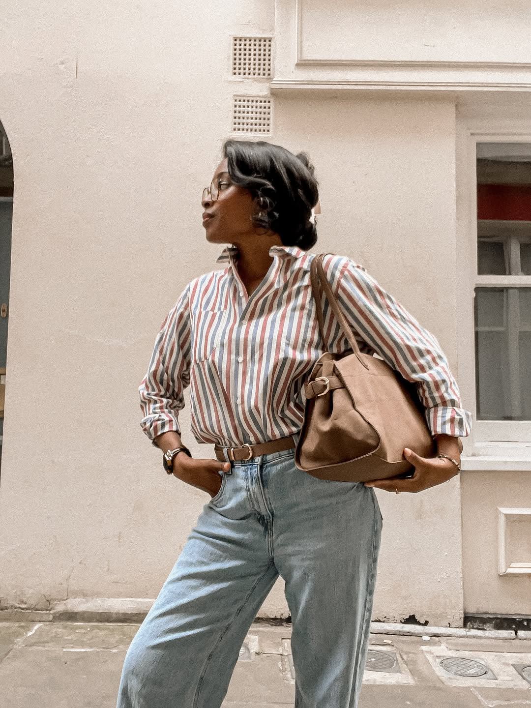 Striped shirt and jeans outfits - Multi-coloured Stripes + Washed Denim
