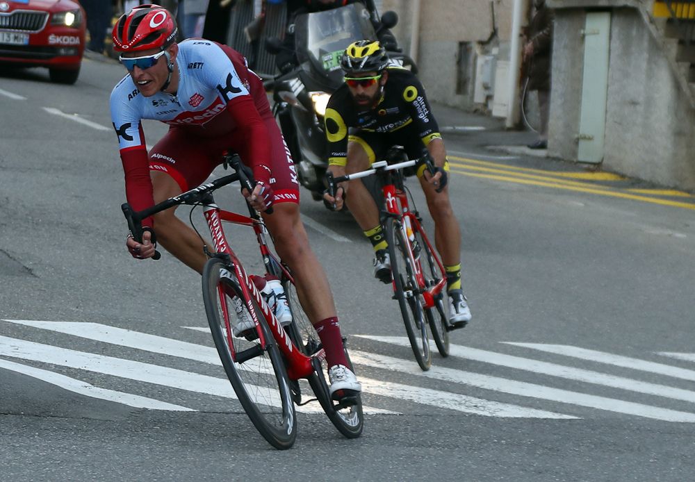 Nils Politt leads Jerome Cousin near the end of stage 5 at Paris-Nice