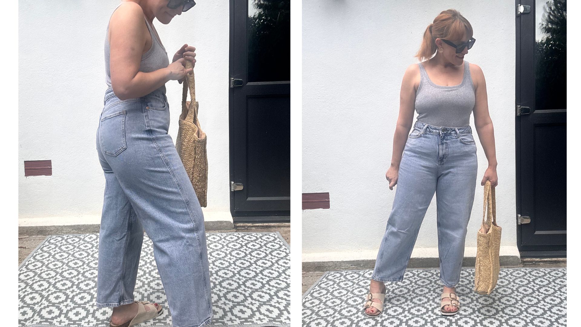two shots of matilda wearing M&S carrot leg jeans