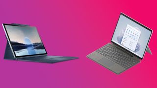 Image with the Dell XPS 13 2-in-1 (9315) and Surface Pro 9 facing each other on a pink background.
