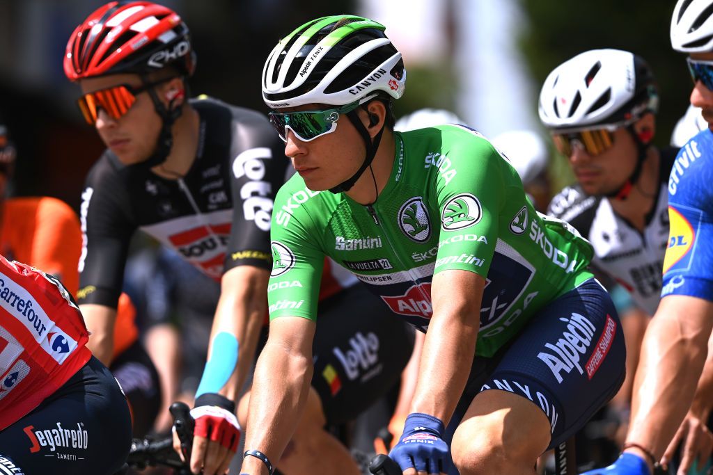 ALTO DE LA MONTAA DE CULLERA SPAIN AUGUST 19 Jasper Philipsen of Belgium and Team AlpecinFenix Green Points Jersey prior to the 76th Tour of Spain 2021 Stage 6 a 1583km stage from Requena to Alto de la Montaa de Cullera 184m lavuelta LaVuelta21 on August 19 2021 in Alto de la Montaa de Cullera Spain Photo by Stuart FranklinGetty Images