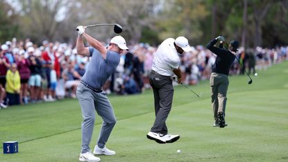 Rory McIlroy, Scottie Scheffler and Tommy Fleetwood at different stages of their golf swing, highlighting the key areas that tour coach Nick Bradley believes amateur golfers can learn from their respective games