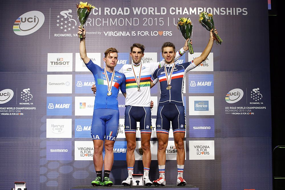 The 2015 U23 Worlds podium: Simone Consonni (Italy), Kevin Ledanois and Anthony Turgis (France)