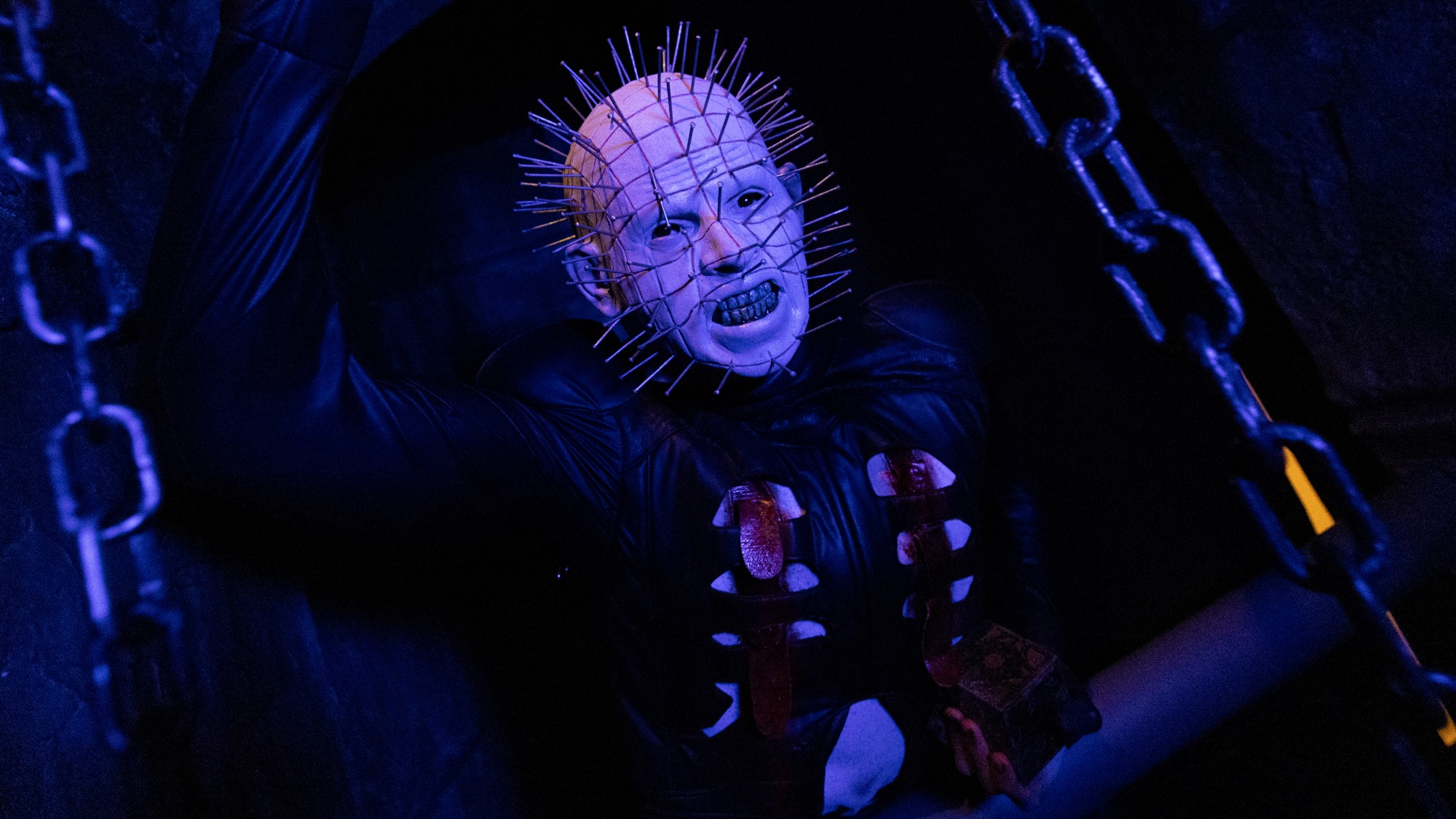 A scareactor inside the Hellraiser house at Halloween Horror Nights 2026 at Universal Studios Hollywood.