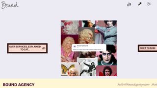 Web homepage featuring collage of pics of Dolly Parton and Tim Curry pictures, overlaid with a Slack message reading “Pack your wigs, divas. We’re being called home”, flanked by two eye-icon buttons.
