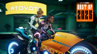 Split Fiction screenshot of the two leads on a futuristic bike with a GamesRadar+ Best of 2025 badge in the upper right